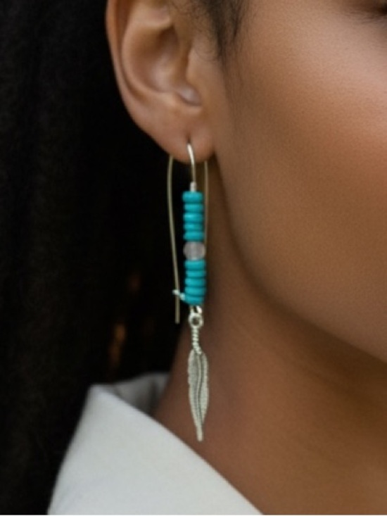 Hand Crafted Jewelry - HAND CRAFTED TURQUOISE & WHITE QUARTZ FEATHER DANGLE EARRINGS Boho Western